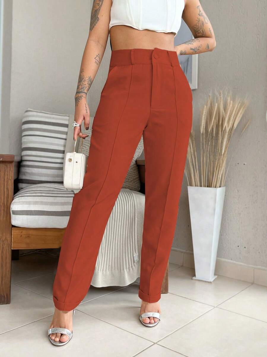 Women's Tailored Trousers With Side Pockets, Hem Detail, Solid Color, Straight Leg, Suit Pants - 珊瑚橙 - 查看 1