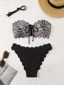 一套女士豹纹比基尼泳衣，两件式，吊带上衣配可拆卸肩带，饰有花卉滚边，性感时尚，适合夏季海滩度假。 - 棕色 - 查看 3