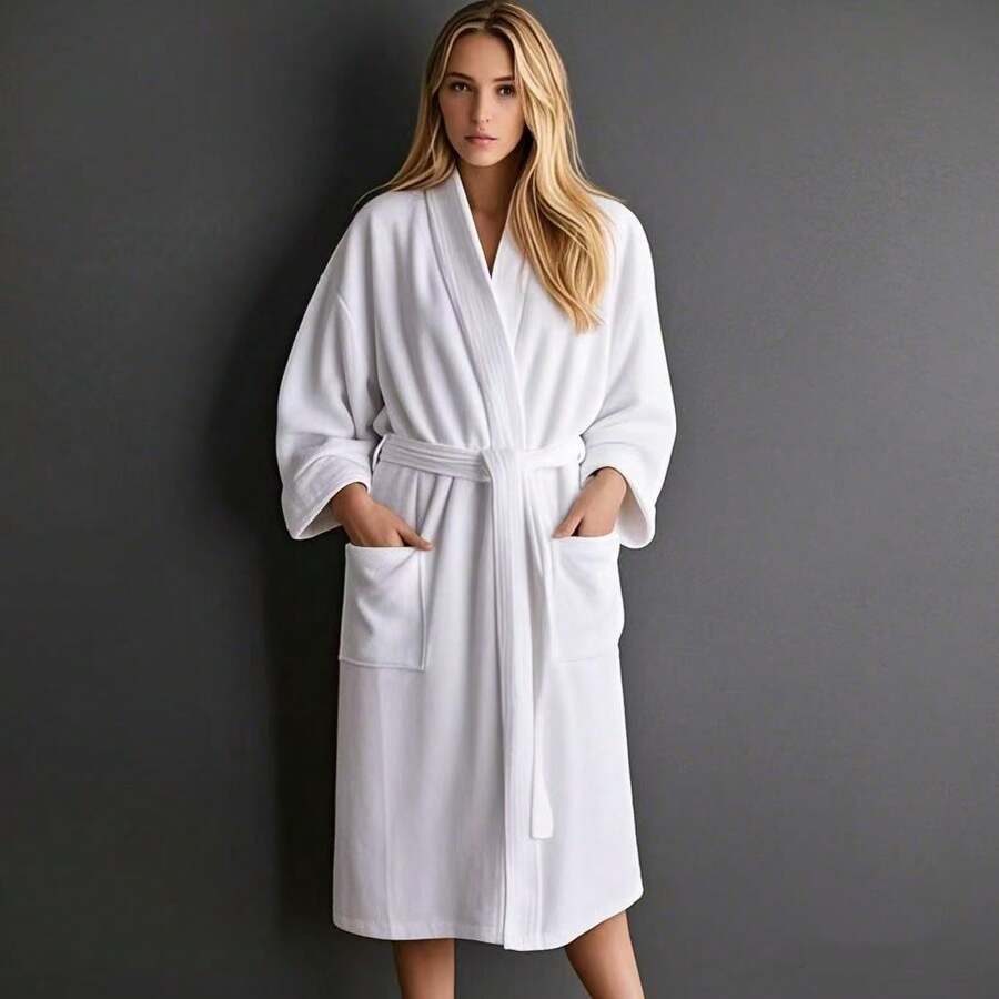 1pc Terry Velour Plain Collar Robe, Bathrobe, Loungewear, Home Wear, Soft, Absorbent, For Bathroom, Bedroom, Swimming Pool Back To School