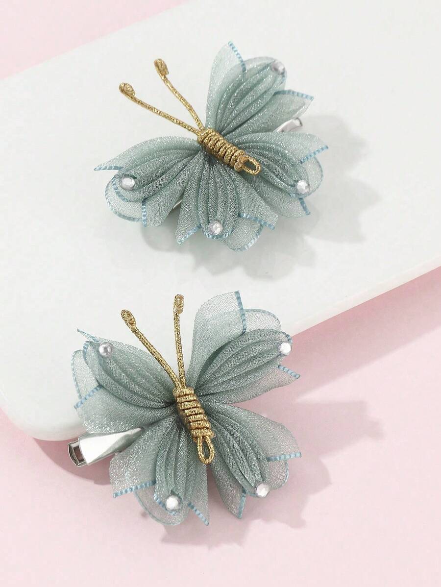 2pcs Handmade Cute Butterfly Hair Clips, Fashionable & Sweet, Ideal Gift For Best Friends - Green - View 1