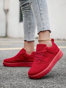 Women's Khaki Retro Fashion Lace-Up Casual Sport Shoes, Lightweight Versatile Comfortable Flat Walking Shoes, Skate Shoes, Running Shoes For Young People - Red - View 5