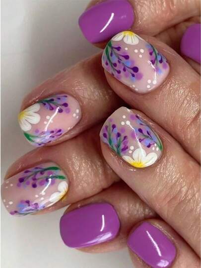 24Pcs Short Square Nails, Creative Purple Flowers And Plants Fake Nails Lovely Fake Nails Nails, Suitable For Girls To Wear, Press On The Nails, Wedding Brides Holiday Gifts. Nail Supplies Nails