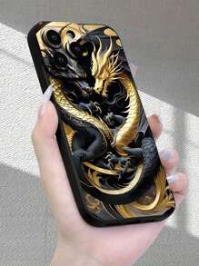1pc Golden Double Dragon Printed 2D Pattern Couple Phone Case, Creative Personalized High-End Classic Retro Golden Double Dragon Aesthetic Style Suitable As Gift For Elders, Friends, Family, Couples, Birthday, Easter, Festival - Black Matte Soft Full Coverage Protective Anti-Dust Waterproof Case Compatible With IPhone 16/15/14/13/12/11/Pro/ProMax/X/XR/XS/XSMAX/7/8/PLUS And Models