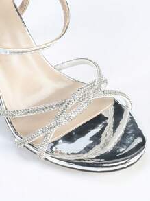 Strap Rhinestone Decor Sandals For Women, Sexy Open Toe Lace-Up High Heel Shoes For Summer - Silver - View 7