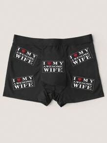 Men's Black Heart & Letter Printed Stretchy Briefs, Fashionable Casual Underwear