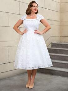 AOMEI Elegant White 1950 Swing Dress Retro Square Collar With Lining Plus Size - White - View 7