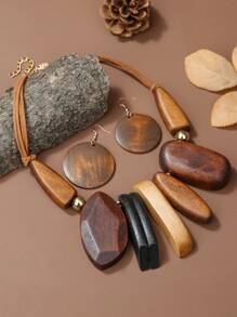 3pcs/Set Exaggerated Bohemian Style Wooden Oval Necklace & Round Earrings Jewelry Set For Women