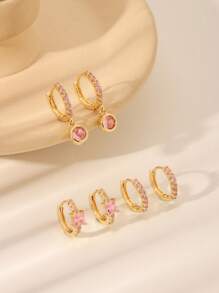 6pcs/Set European & American Fashion Cubic Zirconia Rhinestone Water Drop Geometric Pattern Earrings Set, Exquisite Charming Jewelry, Fashionable Birthday Gift, Suitable For Women's Daily, Festival, Party, Ball, Date Wear - Baby Pink - View 2