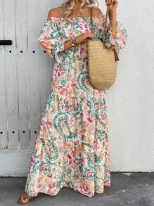Vestido con mangas medias estampado en estilo bohemio para mujer, con cuello barco, mangas holgadas con volantes, estampado completo en estilo paisley, ideal como vestido largo tipo pareo para la primavera/verano, de uso casual diario