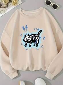 Cute Cat Print Sweatshirt, 100% Cotton Round Neck Sweatshirt - Khaki - View 1