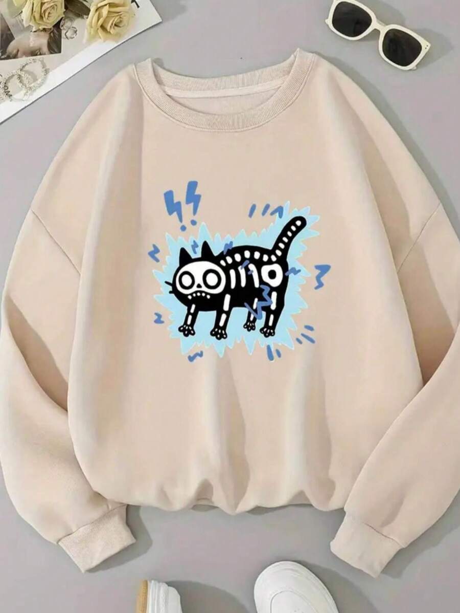 Cute Cat Print Sweatshirt, 100% Cotton Round Neck Sweatshirt - Khaki - View 1