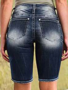 Women's Denim Bermuda Shorts, Ripped Fashionable Casual Comfortable Stretchy Denim Bermuda Shorts - Dark Wash - View 3