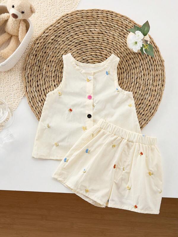 2 pièces/set Style coréen d'été pour bébé/fille. Top en coton brodé et short