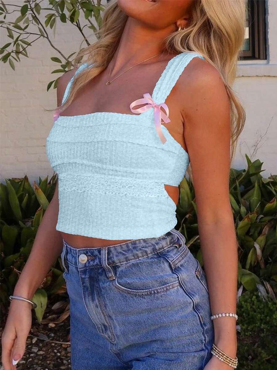 Top a canottiera da donna estivo con fiocco decorativo e taglio laterale - celeste - Visualizzare 1