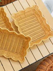 1pc Multifunctional Oval-Shaped Woven Storage Basket - Plastic Rattan Design, Suitable For Storing Fruits, Snacks, Utensils, Fresh Flowers And Miscellaneous Goods, Shelf Decor, Home Decor - Rectangular Lace - View 4