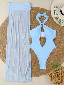 Conjunto de traje de baño de una sola pieza con escote calado de unicolor, estilo sexy europeo y americano para mujeres