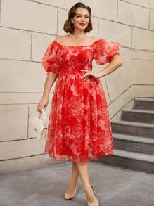 AOMEI Robe vintage à fleurs coupe évasée aux épaules dénudées, manches courtes en lanterne, style rétro, robe de soirée, robe d'invitée de mariage, pour cocktail