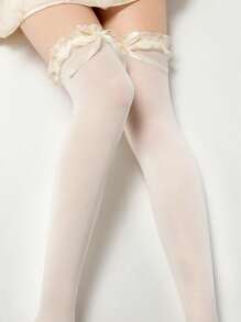 1 Pair Bow Lace Over The Knee Socks, Suitable For Wearing With Mini Skirts, Y2k