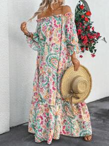 Vestido con mangas medias estampado en estilo bohemio para mujer, con cuello barco, mangas holgadas con volantes, estampado completo en estilo paisley, ideal como vestido largo tipo pareo para la primavera/verano, de uso casual diario