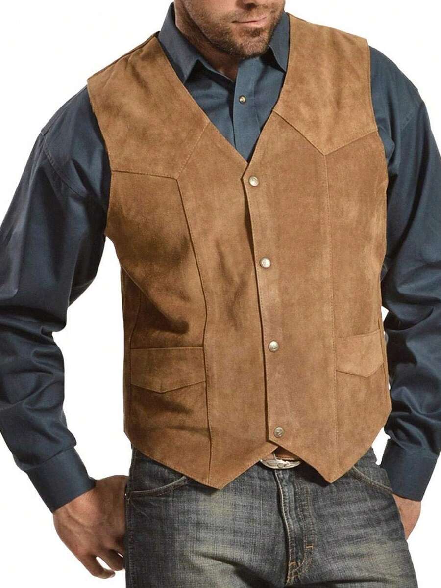 hoteel Mens Suede Leather Suit Vest Western Cowboy Casual Single Breasted Waistcoat - 駝色 - 查看 1