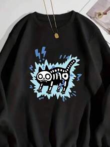 Cute Cat Print Sweatshirt, 100% Cotton Round Neck Sweatshirt - màu đen - Xem 2