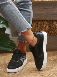 Damskie nowe, outdoorowe, codzienne, piesze wycieczki, uniwersalne, w paski, sznurowane, okrągłe, czarne trampki