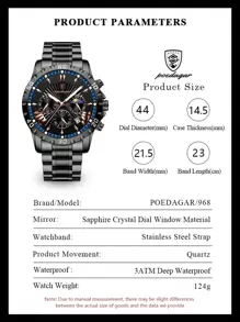 POEDAGAR Fashionable Stainless Steel Quartz Watch For Men, With Calendar Function, 30M Water Resistant, Chronograph Sub-Dial, Suitable For Birthday/Holiday Gift And Casual Daily Wear - Blue - View 7