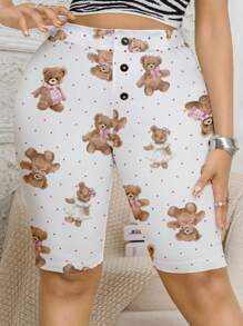 Plus Size Women's High Stretch Fitted Shorts, Teddy Bear Print Pattern With Button Decor, Casual & Comfortable Knitted Pants - Multicolor - View 2