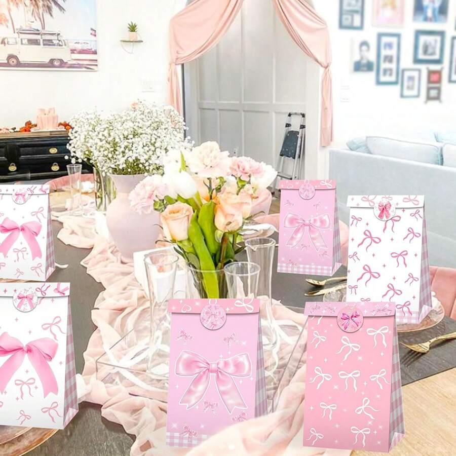 12 Stück Rosa Schleife Goodie Bags - Geschenktüten Für Geburtstag Babyparty
