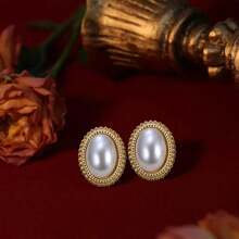 MONALLY 18K Gold Plated 1pair Luxury Fashion Oval Pearl Earrings Elegant For Women Stainless Steel Jewelry Birthday Gift For Banquet