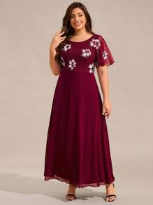 Plus Elegant Round Neck Floral Sequin Fall Dresses Formal Dresses For Mother Of The Bride Burgundy Bridesmaid Dresses - Burgundy - View 6