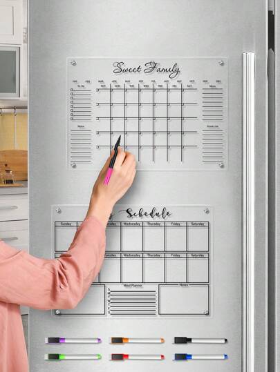 1 peça de quadro branco transparente de acrílico para planejador semanal/mensal com 6 marcadores magnéticos de apagamento a seco, quadro de notas magnético 3D com adesivo de geladeira apagável