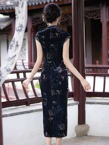 Elegant Retro Floral Print Cheongsam Collar Straight Dress - Black - View 6