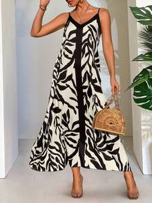 AIJ Amarilo Women's Spring And Summer Vacation Casual Art Pattern Dress (Random Print) - Black - View 1