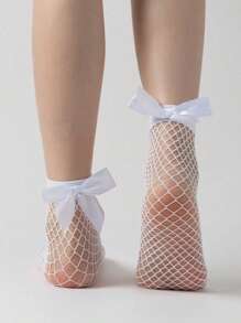 1 paire de bas à nœud papillon en maille pour enfants, style princesse avec chaussettes en soie blanche et chaussettes en résille noire, pour adolescents
