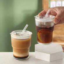 竖条纹玻璃冰饮杯，夏日冰镇甜品首选，带条纹图案杯盖和吸管，便携简约杯子，适合盛水、茶或咖啡，极具魅力的夏日清凉风格 - 彩色 - 查看 7