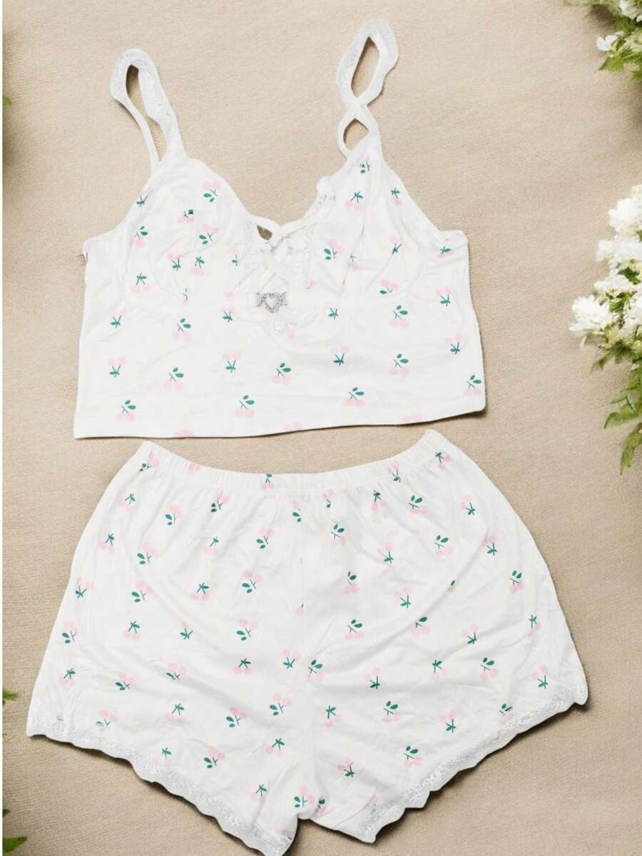 Sexy 2-Piece Pajama Set For Women, Fresh And Comfortable With Cherry Design, Lace Detail And Beautiful Neckline With A Shiny Heart, Fashionable, Premium Quality. - 粉色 - 查看 1
