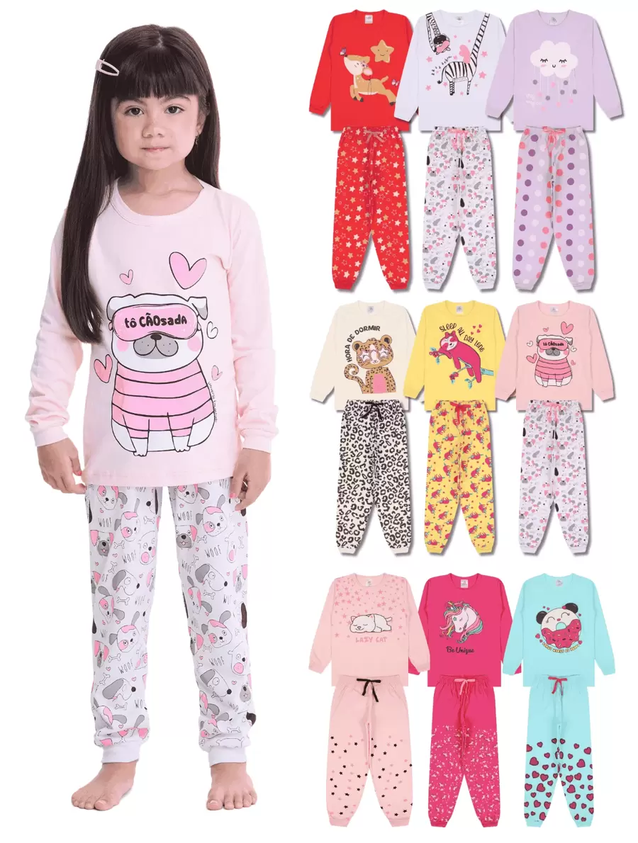 8 Pieces Of Assorted Long Sleeve Children's Pajamas For Girls - 4 T-Shirts + 4 Pants - 彩色 - 查看 1