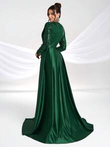 YISIKADO Đầm dạ hội trang trọng dành cho nữ, đầm dài tay sang trọng phối sequin và satin, đầm dự tiệc cưới mùa xuân. - Màu xanh lá cây đậm - Xem 3