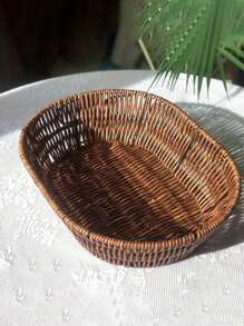 1pc Multi-Function Oval Woven Storage Basket, Plastic Rattan Design, Suitable For Storing Fruits, Snacks, Spoons, Flowers And Groceries, Shelf Basket, Home Decor - Brown Oval - View 2