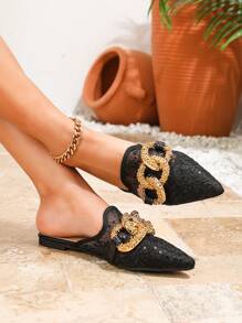 Women's Elegant Spring/Summer Flat Point-Toe Black Mesh & Metal Buckle Mules (Random Shoe Upper Pattern) - Black - View 2