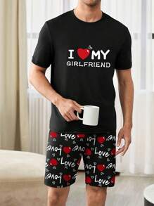 Set de pijamale de vară ușoare asortate pentru cupluri, cămașă și pantaloni scurți fără mâneci pentru bărbați cu imprimeu cu litere "I Love My Girlfriend", îmbrăcăminte romantică pentru acasă