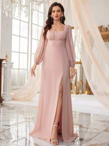 UNITHORSE Square Neckline Lantern Sleeve Ruched Chest & Waist A-Line Wedding Party Dress With Slit Hemline, Bridesmaid Dress - Pink - View 1