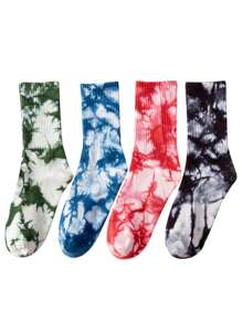 4 Pairs Women Tie Dye Mid-Calf Sports Socks, Colorful Gradient Couples Street Sports, Skate, Basketball Socks