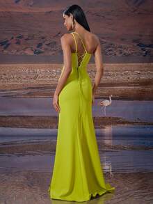 BluePlum Luxury Metallic Glass Mirror Asymmetrical Neck Formal Evening Gown Elegant Pocket High Split Sleeveless Maxi Fishtail Mermaid Prom For Women Ball Party Dress, Wedding Guest Dress - Mustard Yellow - View 3