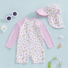 Toddler Baby Girl One Piece Swimsuit UPF 50+ Sun Protection Long Sleeve Rash Guard Bathing Suit Swimwear Sunhat Set - Pink - View 3