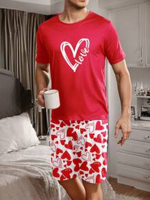 男士心形印花睡衣套装，家居睡衣 - 紅色 - 查看 7