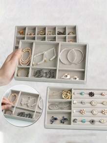 4 Pieces Set: 1pc Velvet Jewelry Tray, Stackable Multi-Compartment Jewelry Storage Box, Removable Jewelry Organizer Tray For Earrings, Rings, Necklaces, Lipsticks, Skincare, Makeup