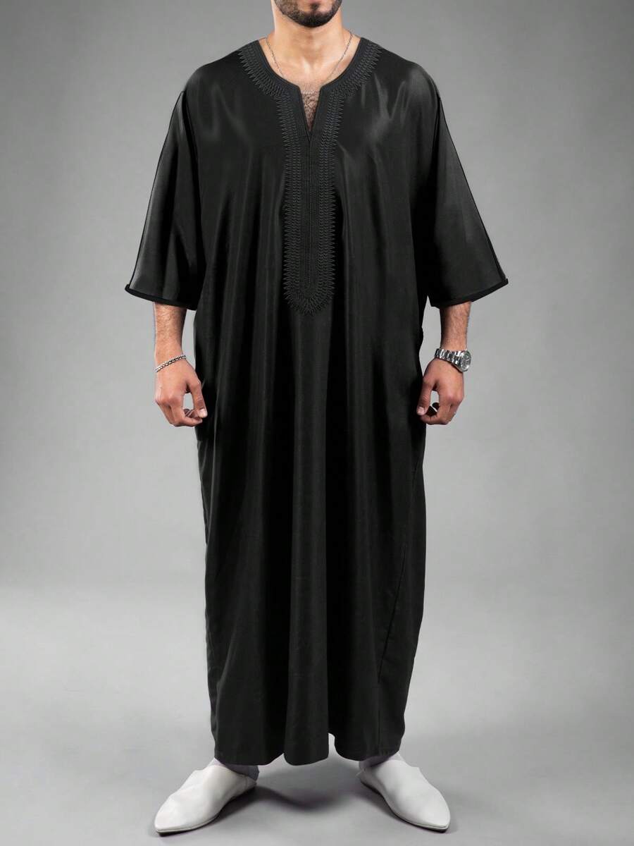 Men's Eid Embroidered Robe, Moroccan Thobe, Solid Color Thawb, Men's Pullover Gandoura, Traditional Arabic Men's Gandoura Thobe Robe - Black - View 1