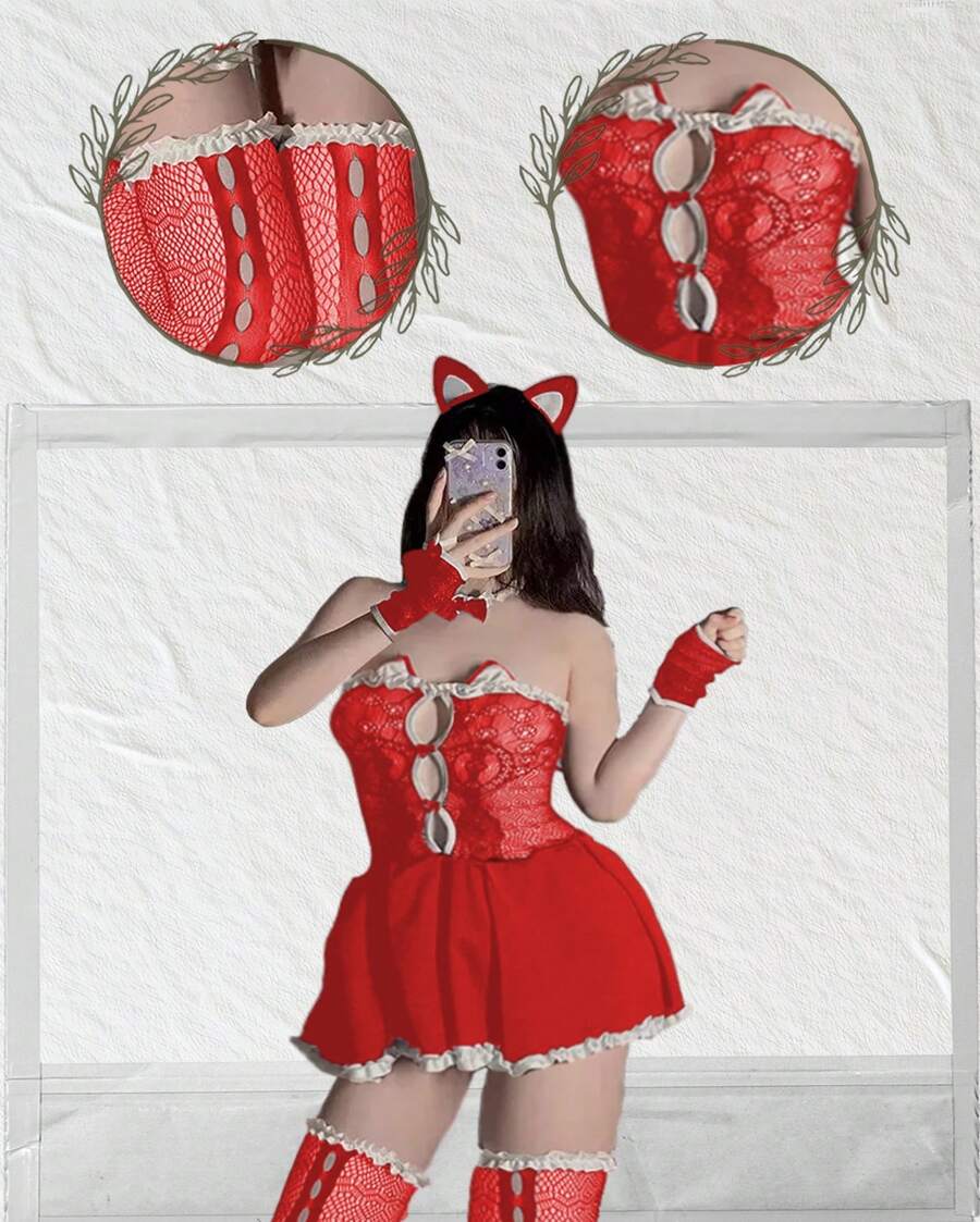 SEXY VESTIDO DE GATITTA CON MEDIAS DE RED Y DIADEMA CON OREJITAS - Rojo - Ver 1